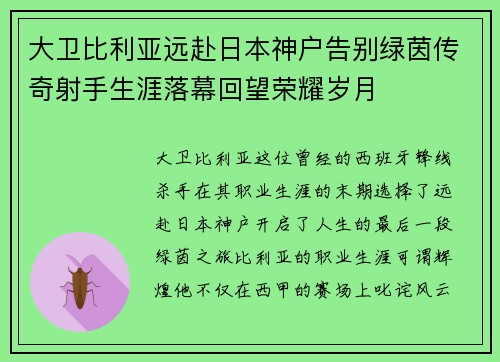 大卫比利亚远赴日本神户告别绿茵传奇射手生涯落幕回望荣耀岁月 大卫比利亚远赴日本神户告别绿茵传奇射手生涯落幕回望荣耀岁月